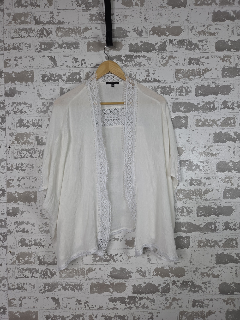 Boho White Open Front Kimono Cardigan Shrug Lace Crochet Trim Beach Cover Up